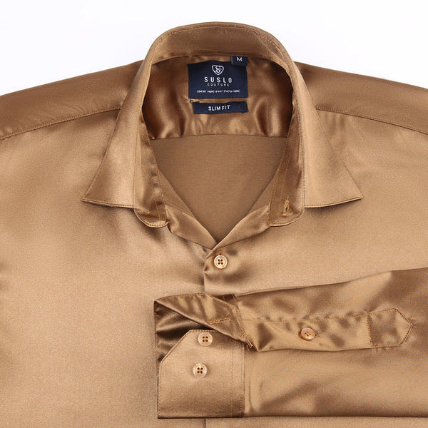 Satin Solid Stretch Button Up Shirt In Cognac