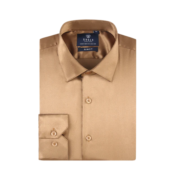 Satin Solid Stretch Button Up Shirt In Cognac | Rainwater's Satin Solid Stretch Button Up Shirt In Cognac | Rainwater's
