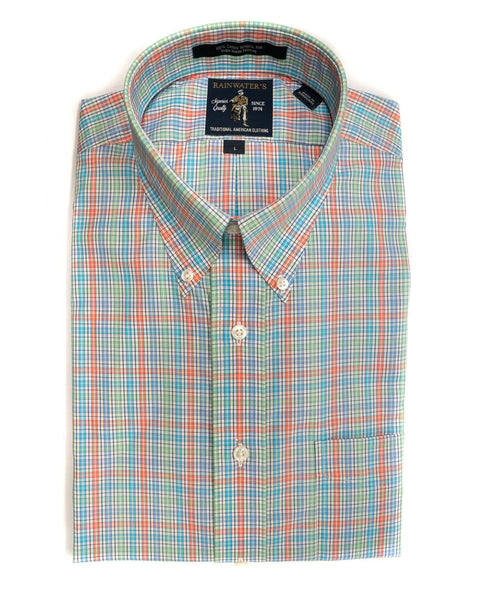 Rainwater's Seafoam & Coral Plaid Button Up Shirt - Rainwater's Men's Clothing and Tuxedo Rental