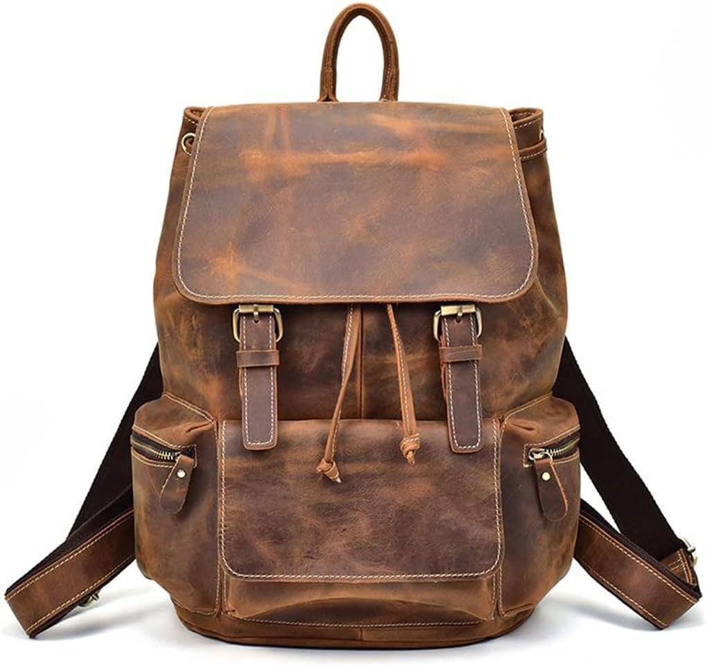 Vintage Buff Leather Laptop Backpack with Top Handle