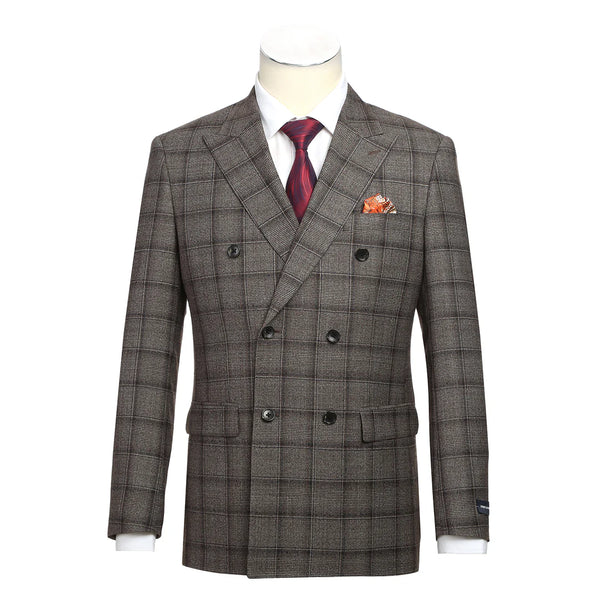 Rainwater's Double Breasted Peak Lapel Slim Fit Suit in Brown and Navy Plaid