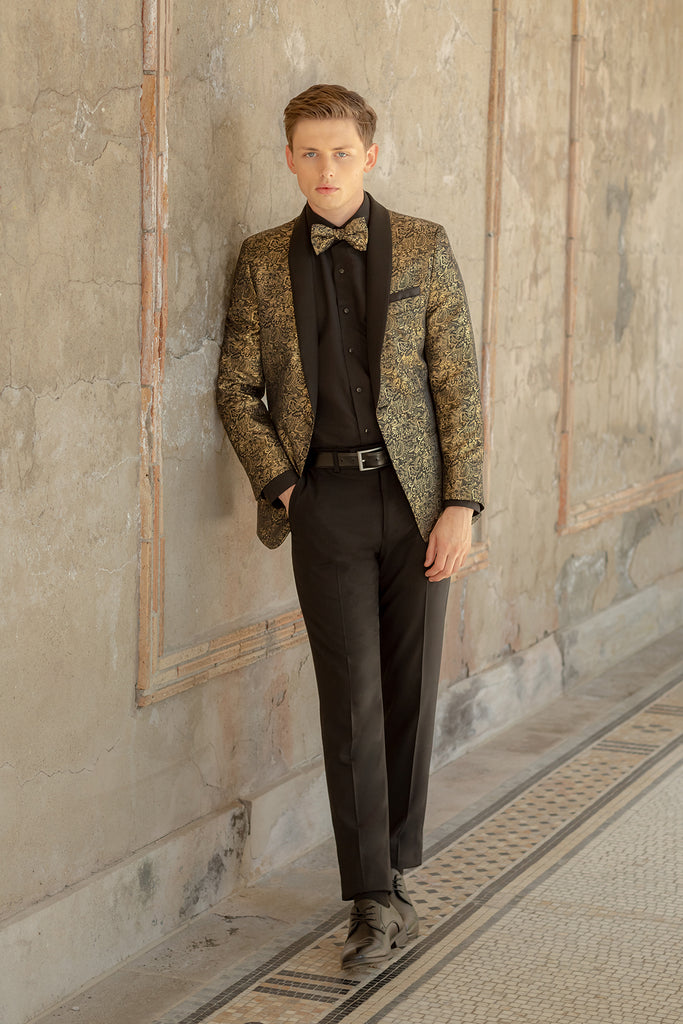 Aria Paisley Shawl lapel Dinner Jacket Tuxedo Rental In Metallic Gold Black Tonal Aria Paisley Tuxedo Outfit With Slim Black Pants Aria Paisley Shawl lapel Dinner Jacket Tuxedo Rental In Metallic Gold Black Tonal Aria Paisley Tuxedo Outfit With Slim Black Pants