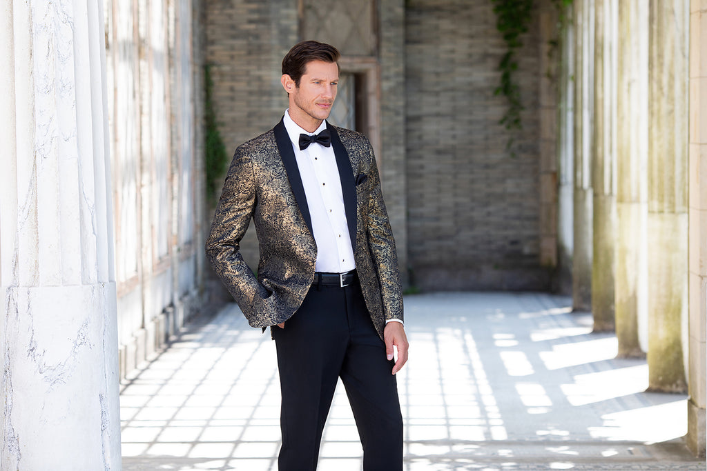 Aria Paisley Shawl lapel Dinner Jacket Tuxedo Rental In Metallic Gold | Rainwater's Aria Paisley Shawl lapel Dinner Jacket Tuxedo Rental In Metallic Gold | Rainwater's