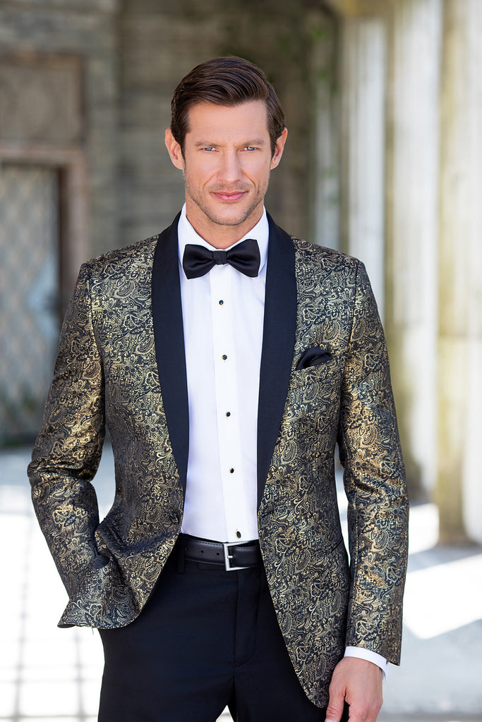 Aria Paisley Shawl lapel Dinner Jacket Tuxedo Rental In Metallic Gold | Rainwater's Aria Paisley Shawl lapel Dinner Jacket Tuxedo Rental In Metallic Gold | Rainwater's