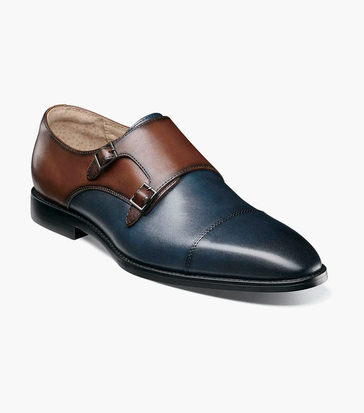 Stacy Adams Reynolds Cap Toe Double Monk Strap in Navy & Brown