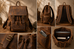 Vintage Buff Leather Laptop Backpack with Top Handle