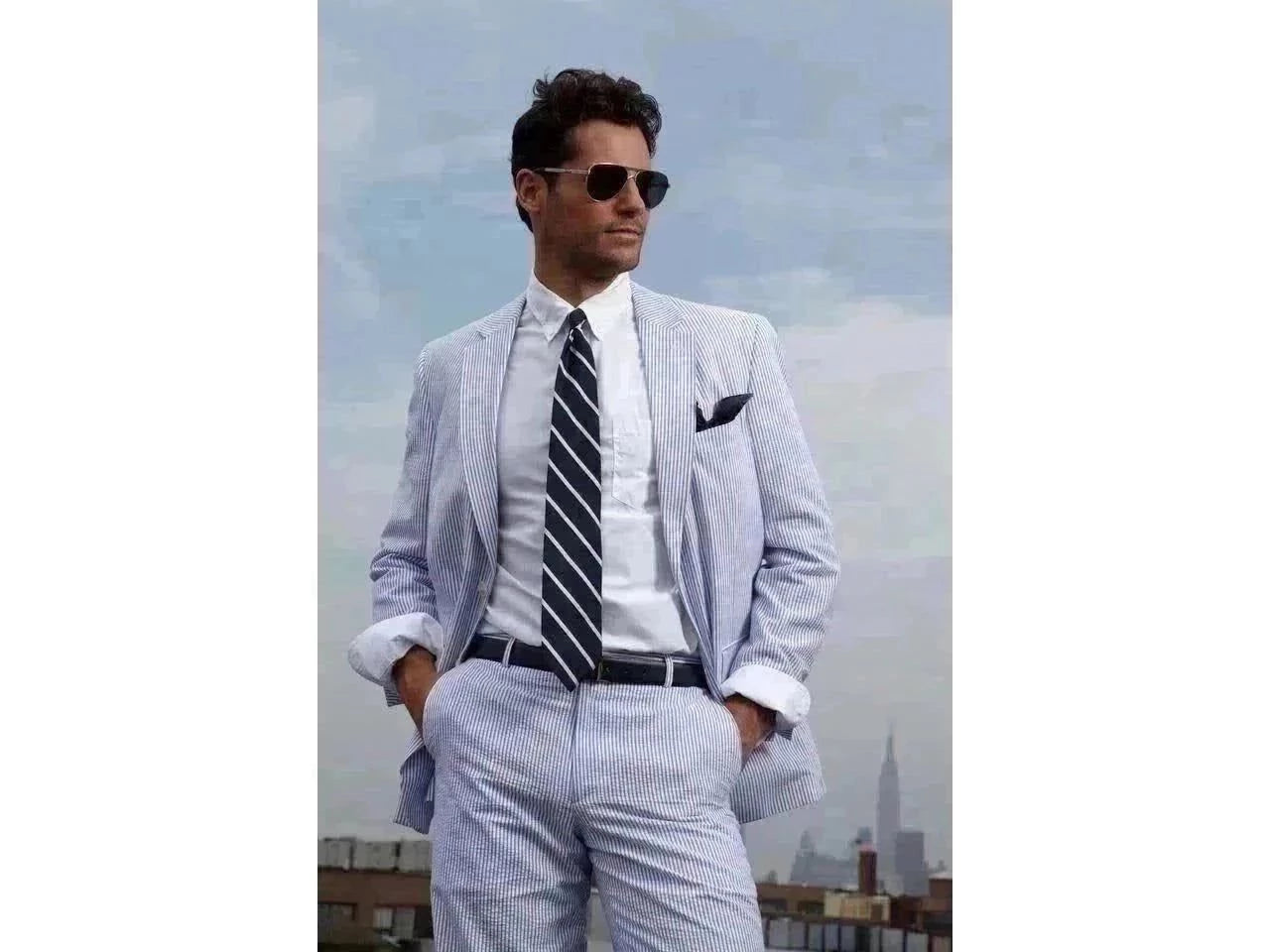 -Rainwater's -Rainwater's - Suits - Blue Seersucker Suit 100% Cotton Classic Fit Suit -
