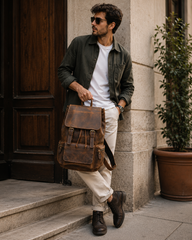 Vintage Buff Leather Laptop Backpack with Top Handle