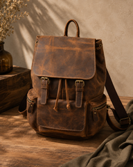 Vintage Buff Leather Laptop Backpack with Top Handle