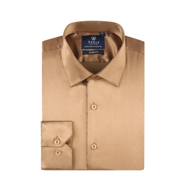 Satin Solid Stretch Button Up Shirt In Cognac | Rainwater's Satin Solid Stretch Button Up Shirt In Cognac | Rainwater's
