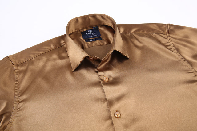 Satin Solid Stretch Button Up Shirt In Cognac L Satin Solid Stretch Button Up Shirt In Cognac L