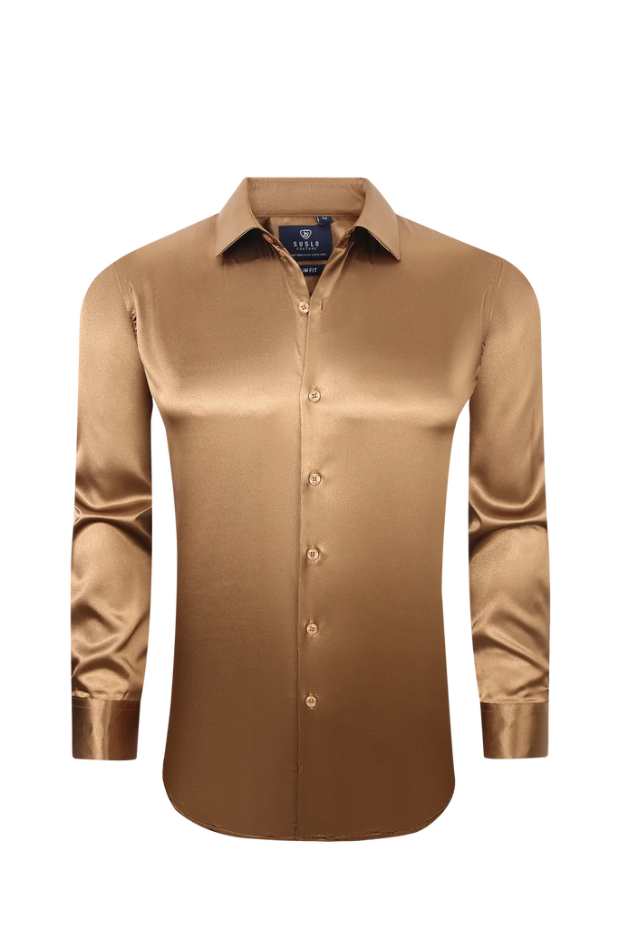 Satin Solid Stretch Button Up Shirt In Cognac L Satin Solid Stretch Button Up Shirt In Cognac L