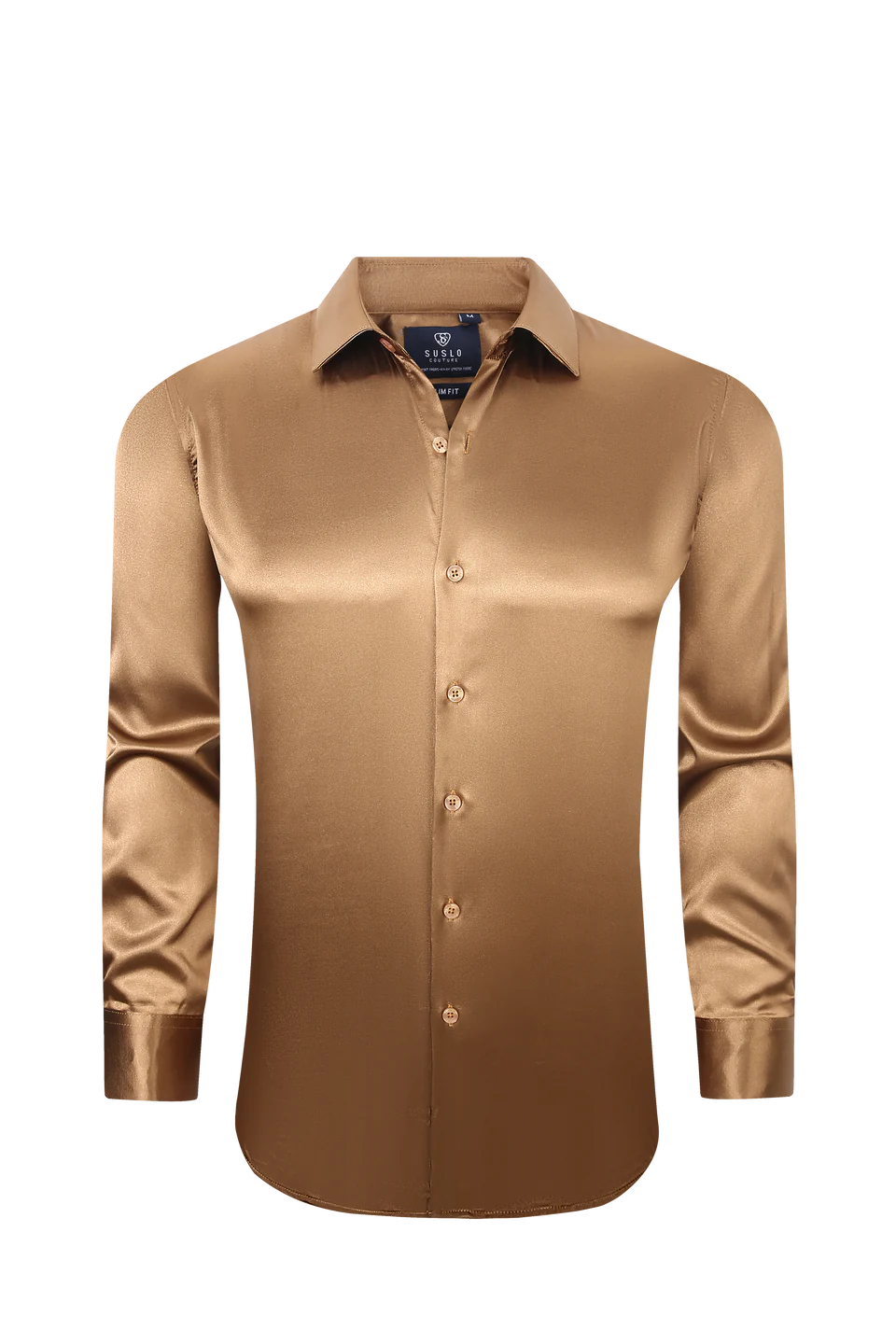 Satin Solid Stretch Button Up Shirt In Cognac, L Satin Solid Stretch Button Up Shirt In Cognac, L
