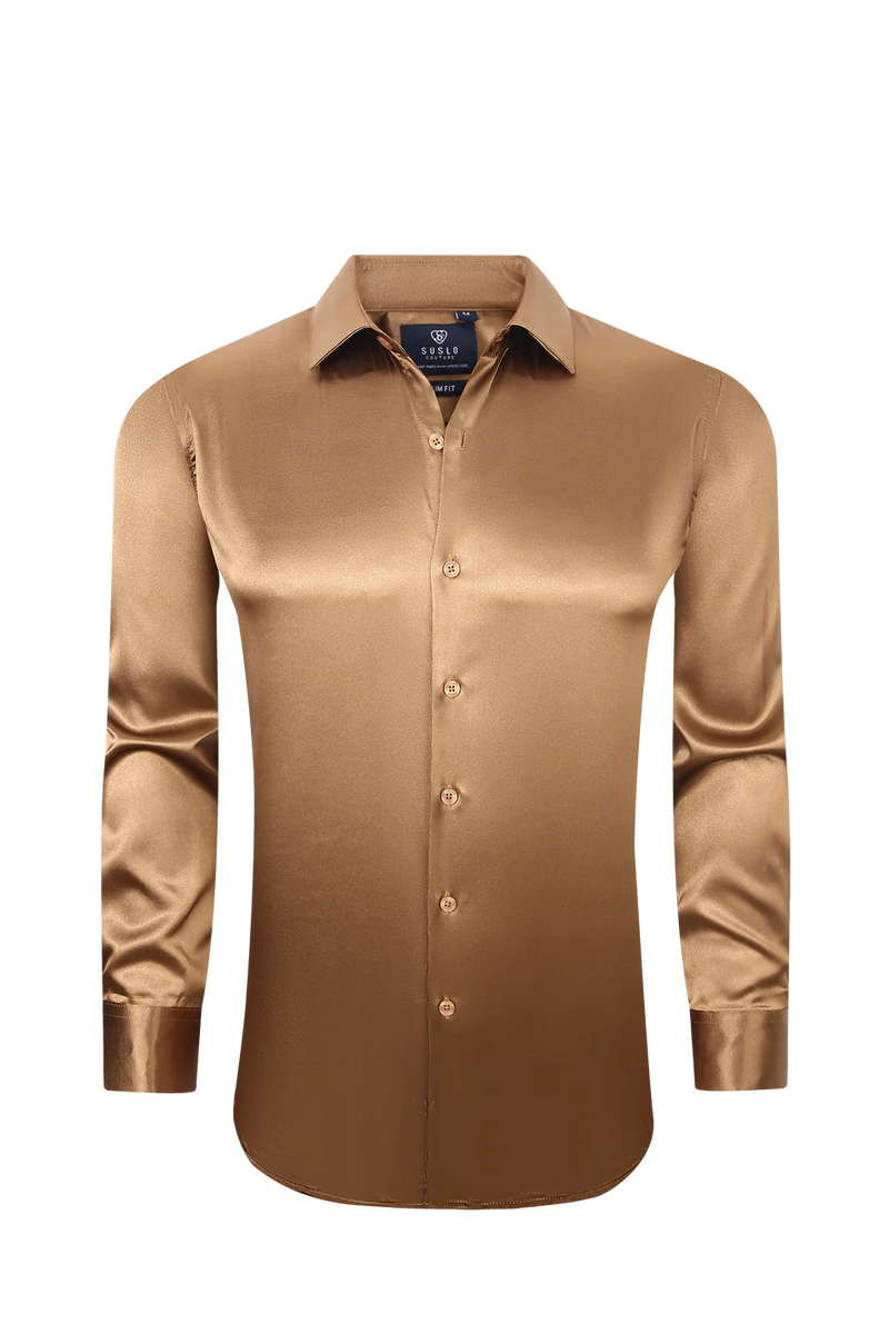 Satin Solid Stretch Button Up Shirt In Cognac, L Satin Solid Stretch Button Up Shirt In Cognac, L
