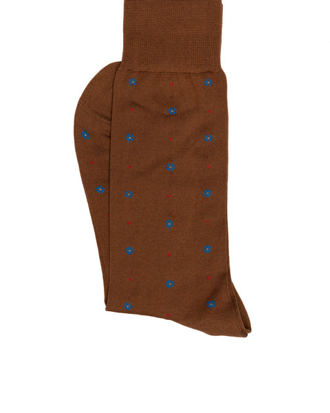 Rainwater's Mercerized Cotton Men's Dress Socks Brown with Blue Red Neat Pattern
