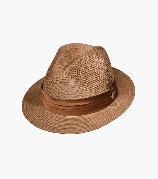 Stacy Adams Dublim Fedora Straw Poly Braided Pinch Front Hat In Cognac