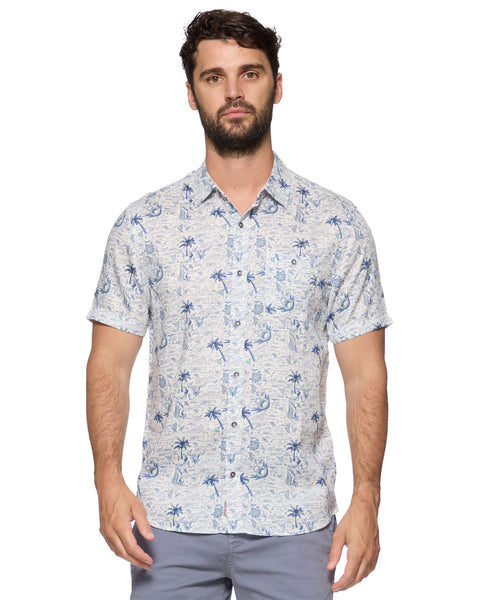 Flag & Anthem Short Sleeve Shirt Somers Vintage Tropical Scene In White & Navy