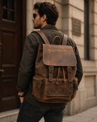 Vintage Buff Leather Laptop Backpack with Top Handle