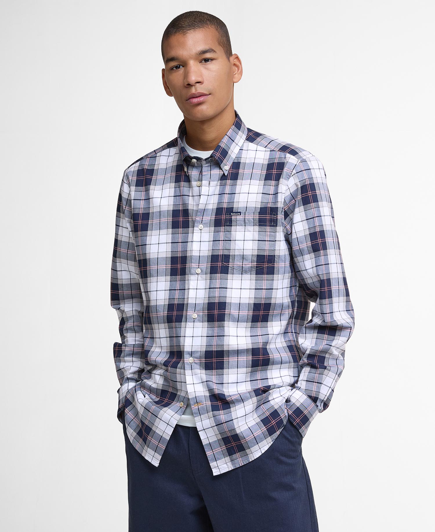 Barbour Wetheram Tartan Plaid Button Down Collar Shirt in Tailored Fit In Navy & White