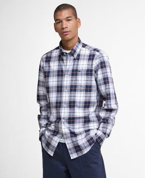 Barbour Wetheram Tartan Plaid Button Down Collar Shirt in Tailored Fit In Navy & White