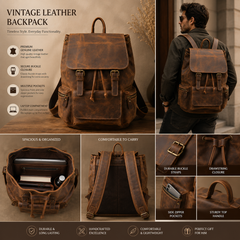 Vintage Buff Leather Laptop Backpack with Top Handle