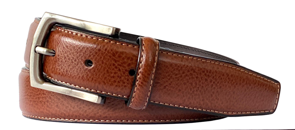 Pebble Grain Contrast Stitch Edge 1 1/4 Inch Leather Dress Belt In Cognac Pebble Grain Contrast Stitch Edge 1 1/4 Inch Leather Dress Belt In Cognac