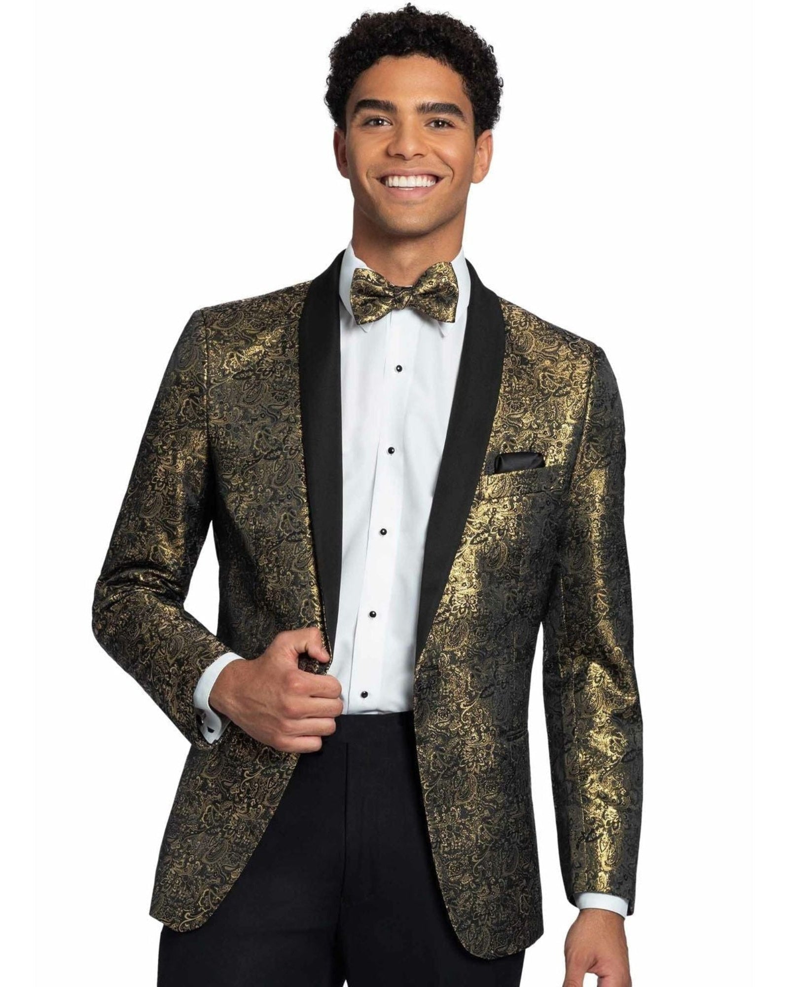 '-Rainwater's -Rainwater's - Tuxedo Rental - Aria Paisley Shawl lapel Dinner Jacket Tuxedo Rental In Black & Gold -