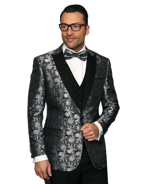 Black & Grey Paisley Dinner Jacket Tuxedo Rental - Rainwater's Men's Clothing and Tuxedo Rental