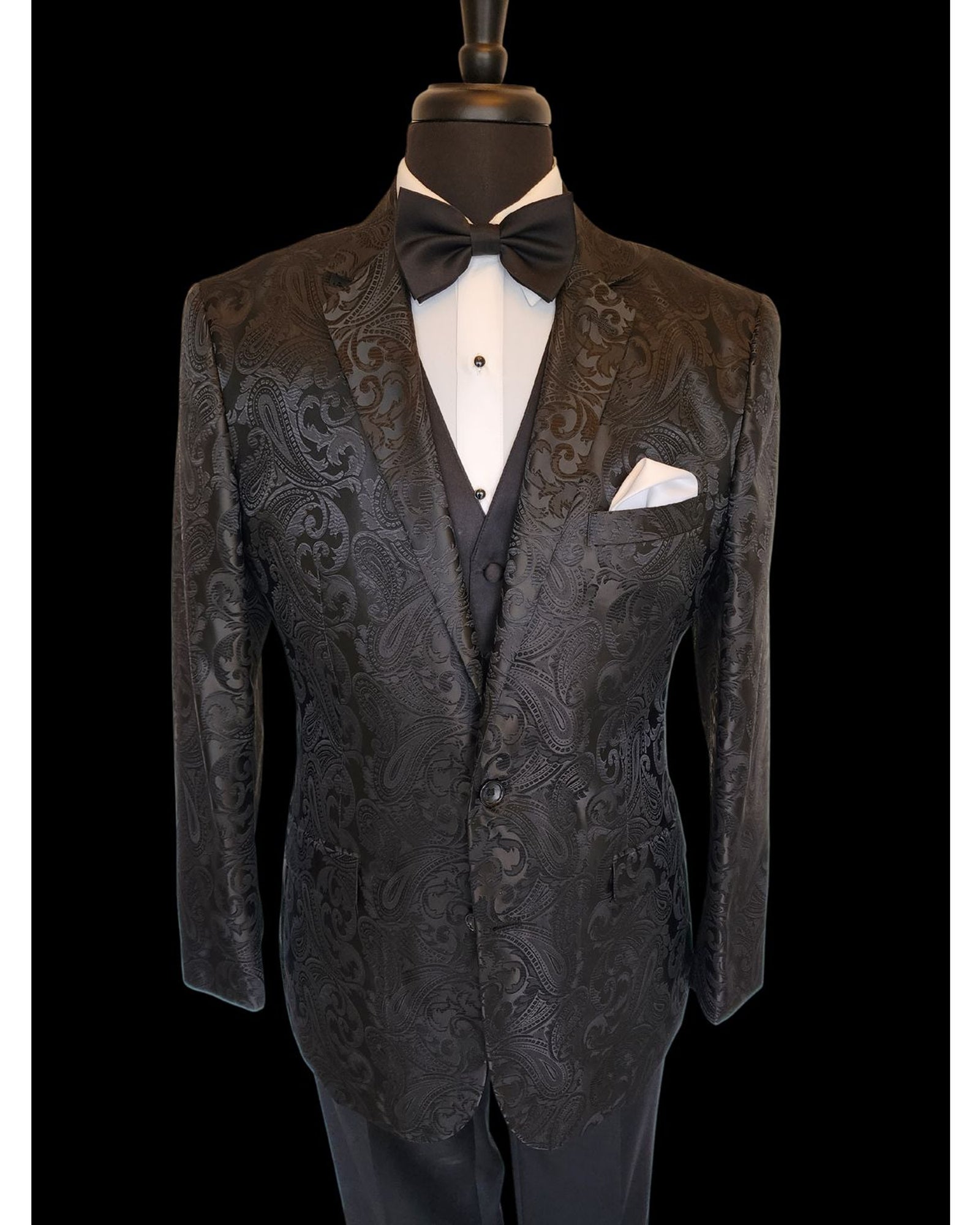 '-Rainwater's -Rainwater's - Tuxedo Rental - Black Paisley Tonal Dinner Jacket Tuxedo Rental -