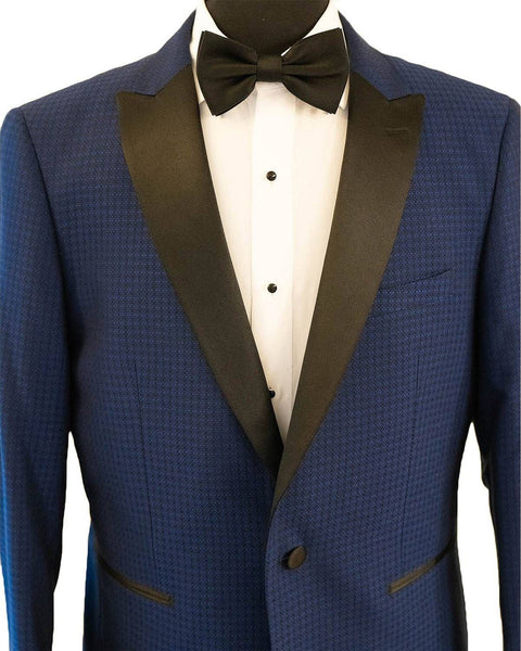 Cobalt Blue Diamond Texture With Black Peak Lapel Dinner Jacket Tuxedo Rental - Rainwater's Men's Clothing and Tuxedo Rental