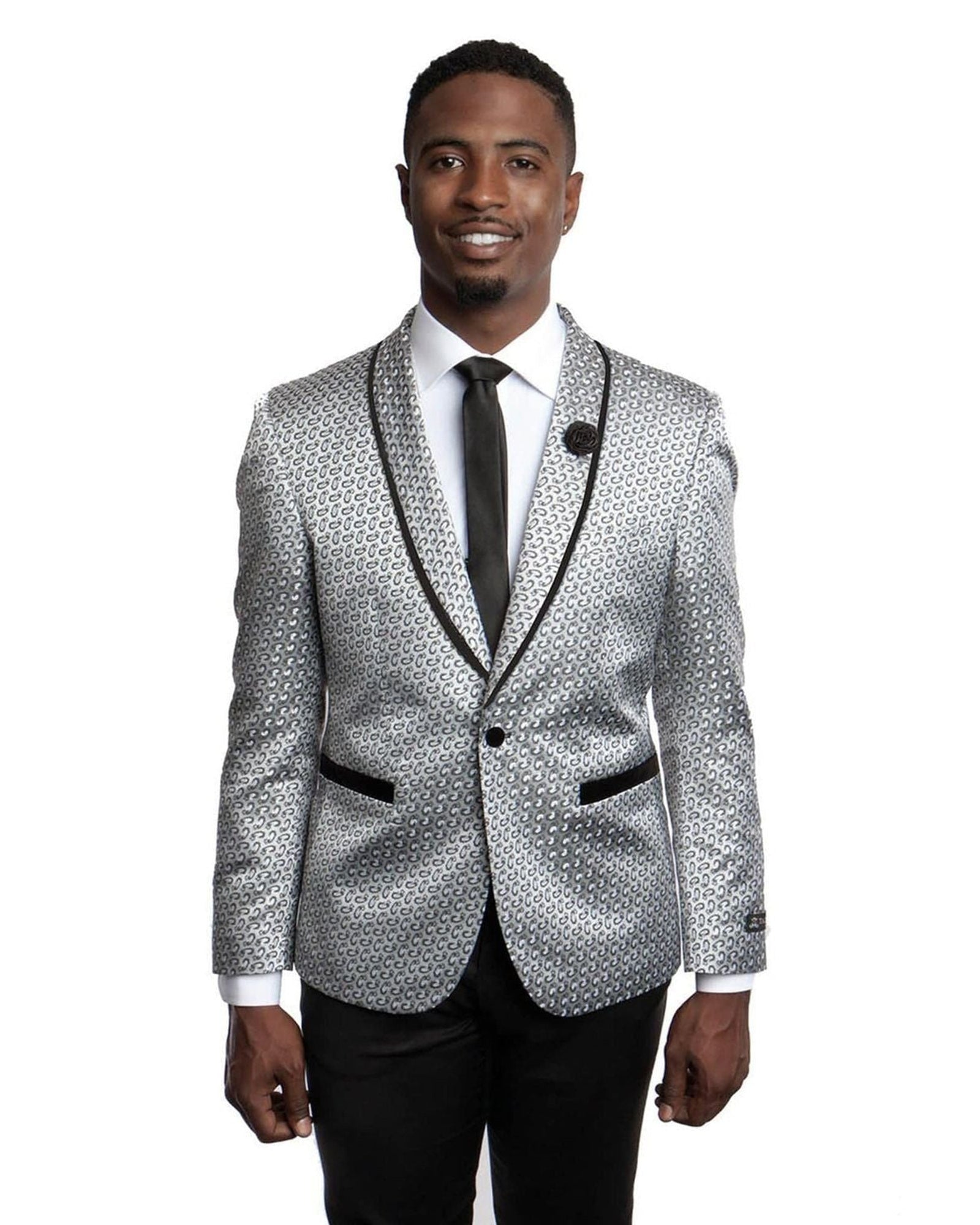 Shawl Lapel Dinner Jacket in Silver with Black Small Paisley Neat Pattern Tuxedo Rental - Rainwater's Men's Clothing and Tuxedo Rental