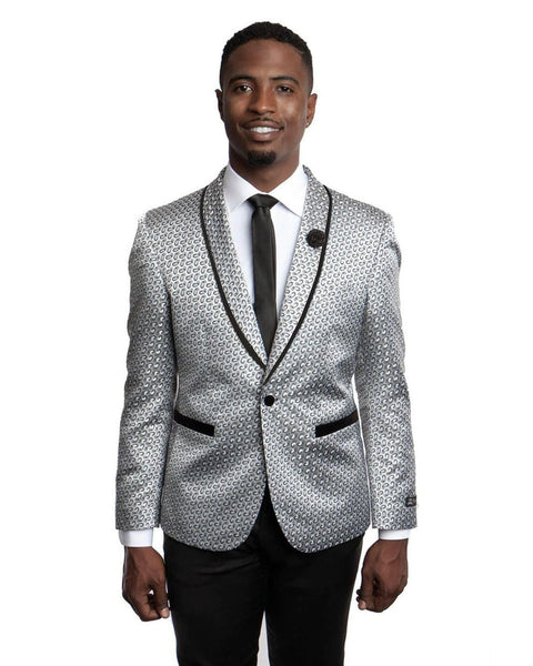 Shawl Lapel Dinner Jacket in Silver with Black Small Paisley Neat Pattern Tuxedo Rental - Rainwater's Men's Clothing and Tuxedo Rental