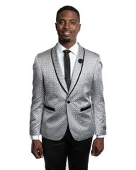 Shawl Lapel Dinner Jacket in Silver with Black Small Paisley Neat Pattern Tuxedo Rental - Rainwater's Men's Clothing and Tuxedo Rental