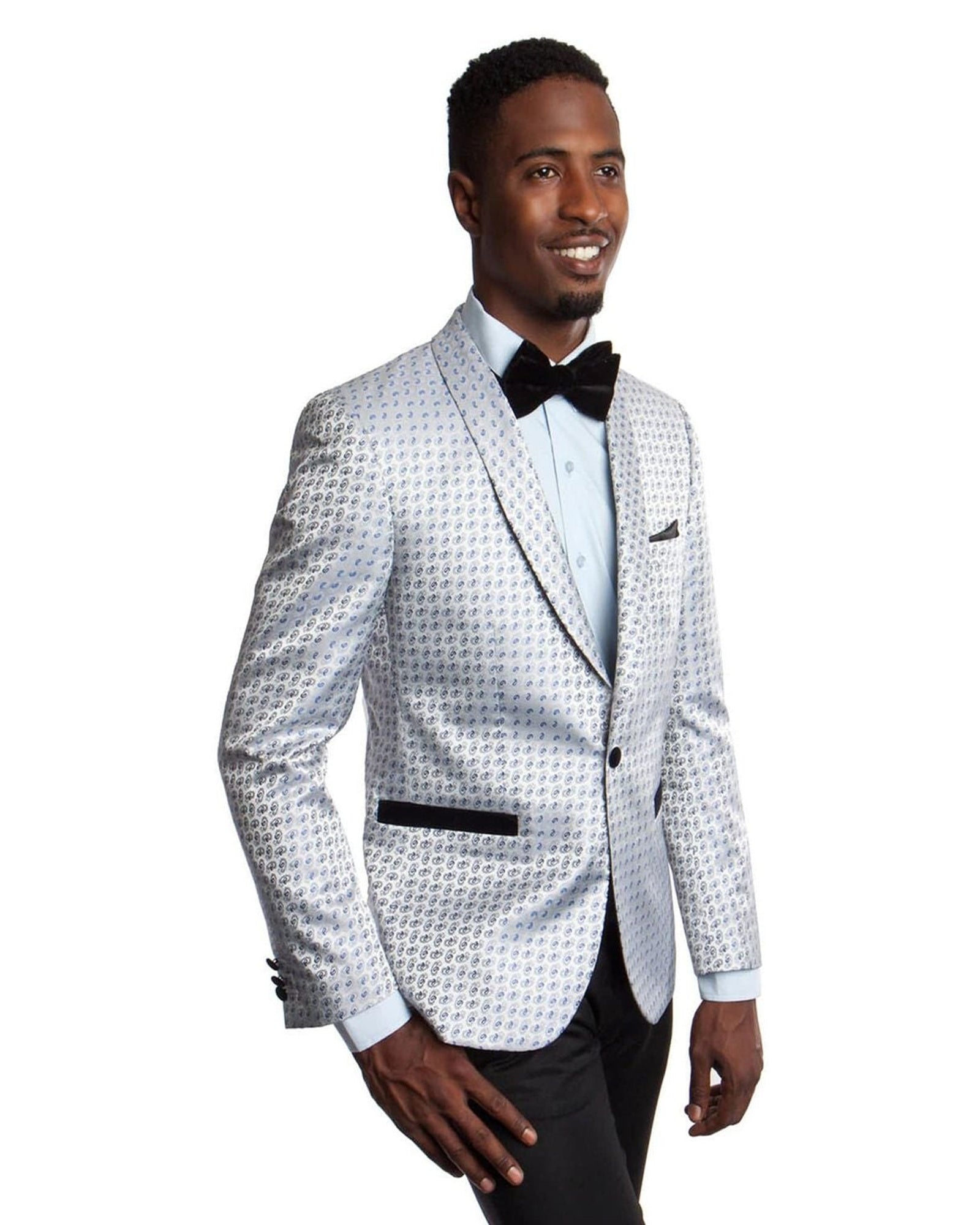 Shawl Lapel Dinner Jacket in Silver with Blue Small Paisley Neat Pattern Tuxedo Rental - Rainwater's Men's Clothing and Tuxedo Rental