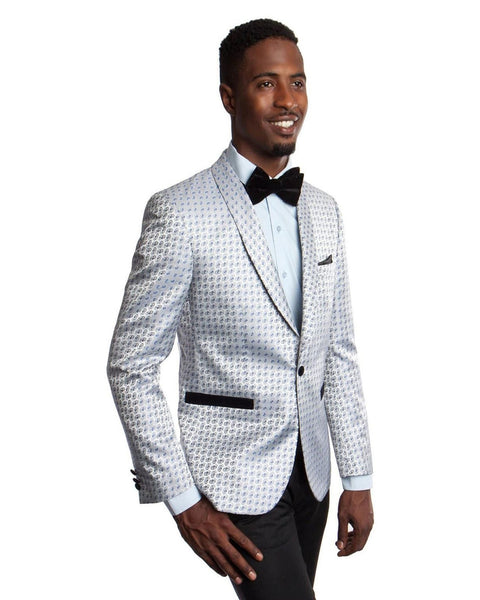 Shawl Lapel Dinner Jacket in Silver with Blue Small Paisley Neat Pattern Tuxedo Rental - Rainwater's Men's Clothing and Tuxedo Rental