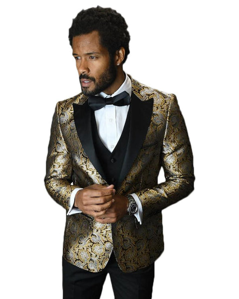 Gold Paisley Dinner Jacket With Black Lapel Tuxedo Rental - Rainwater's Men's Clothing and Tuxedo Rental