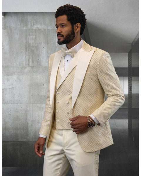 Ivory Chevron Weave  Peak Lapel Tuxedo Rental - Rainwater's Men's Clothing and Tuxedo Rental