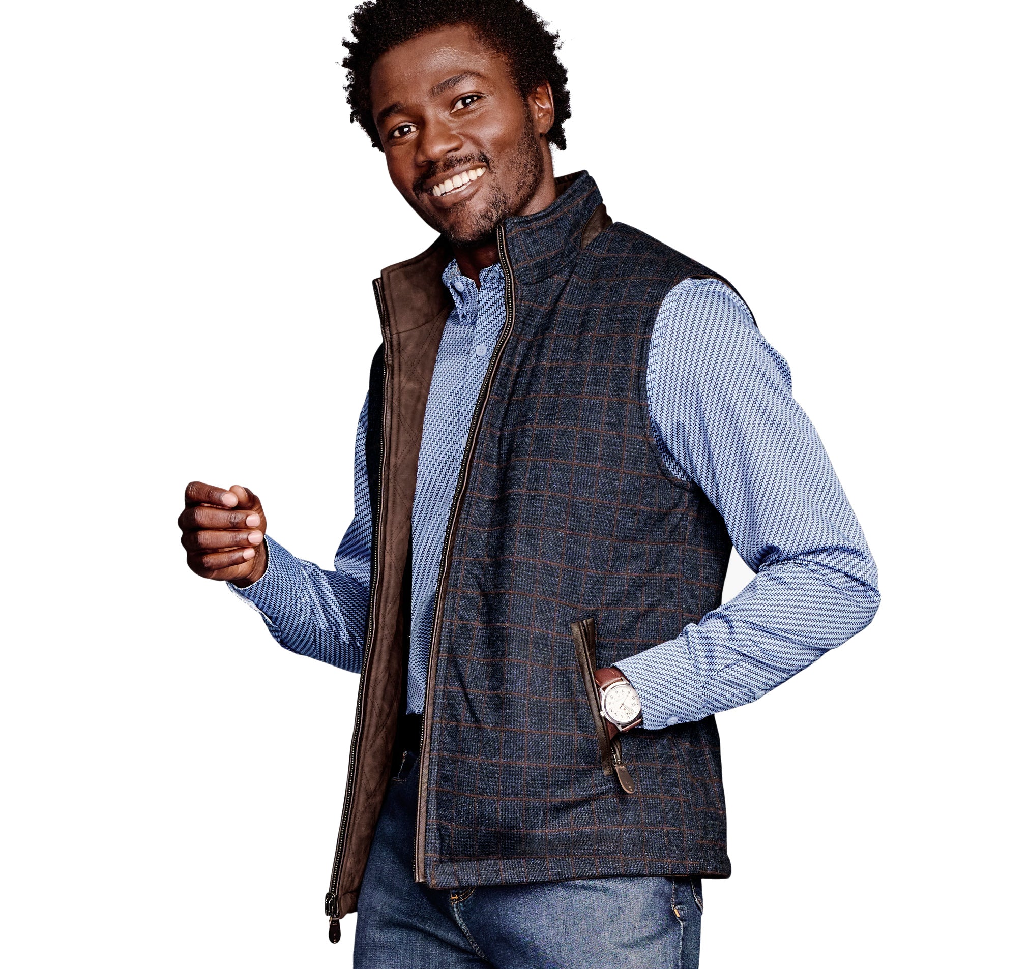 Navy Windowpane Plaid To Brown Leather Reversible Vest