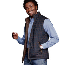 Navy Windowpane Plaid To Brown Leather Reversible Vest