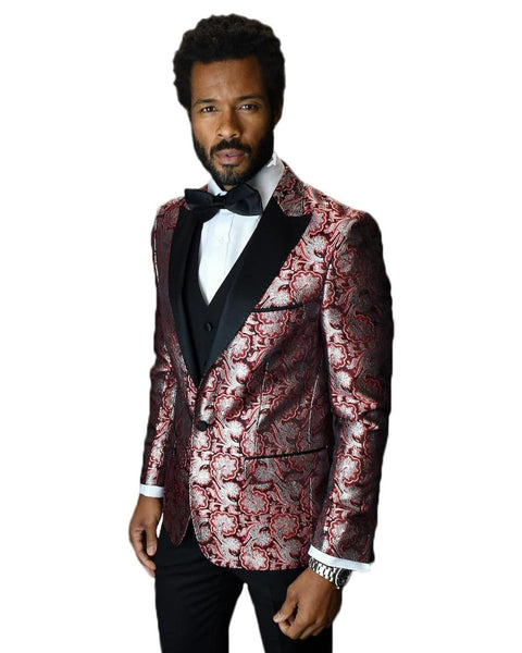 Red Paisley With Black Peak Lapel Dinner Jacket Tuxedo Rental - Rainwater's Men's Clothing and Tuxedo Rental