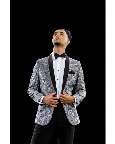 '-Rainwater's -Rainwater's - Tuxedo Rental - Silver Aria Paisley Shawl lapel Dinner Jacket Tuxedo Rental -