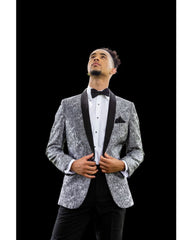 '-Rainwater's -Rainwater's - Tuxedo Rental - Silver Aria Paisley Shawl lapel Dinner Jacket Tuxedo Rental -