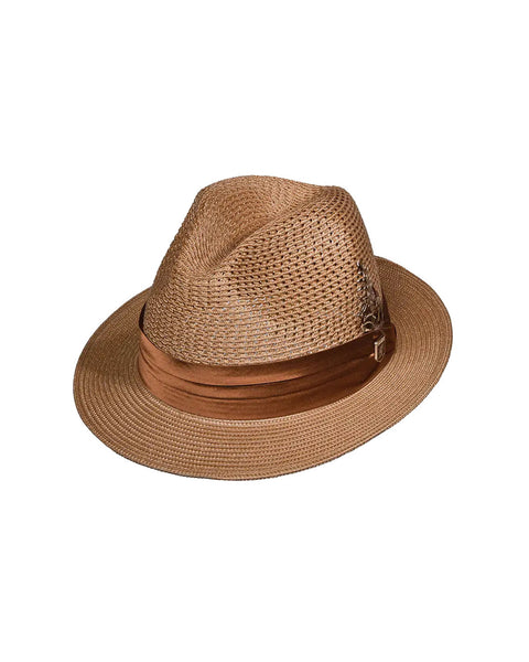 Stacy Adams Dublin Fedora Straw Poly Braided Pinch Front Hat In Cognac