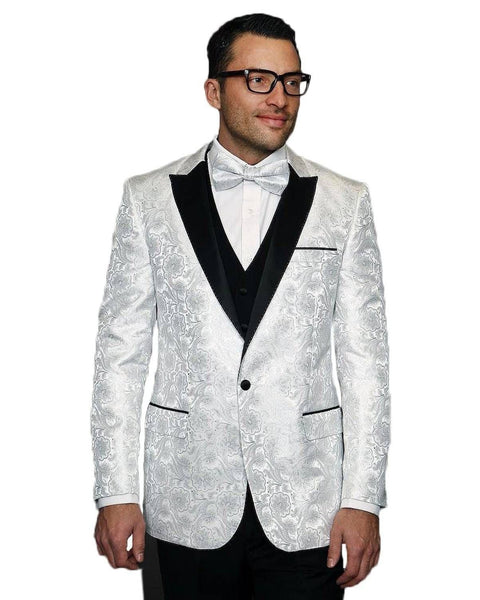 White Paisley With Black Peak Lapel Dinner Jacket Tuxedo Rental - Rainwater's Men's Clothing and Tuxedo Rental