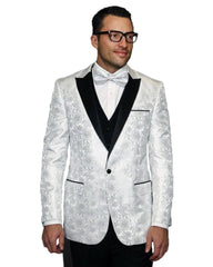 White Paisley With Black Peak Lapel Dinner Jacket Tuxedo Rental - Rainwater's Men's Clothing and Tuxedo Rental