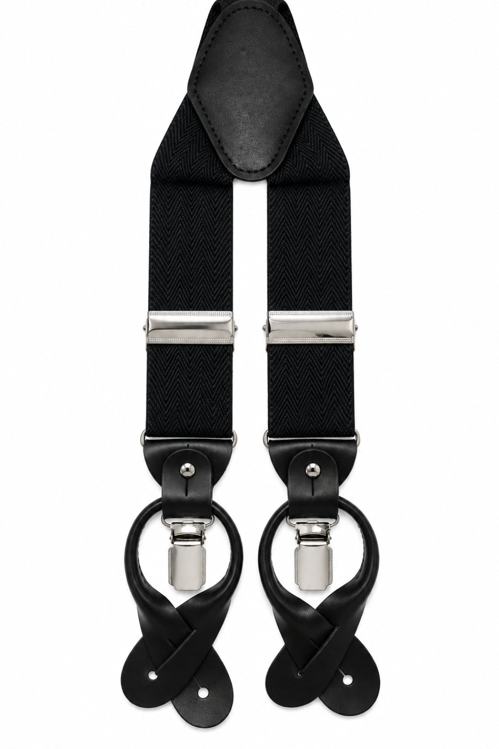 Traditional Stretch Fit Convertible Suspender in Black Herringbone Pattern