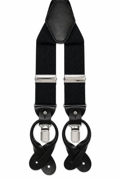 Traditional Stretch Fit Convertible Suspender in Black Herringbone Pattern