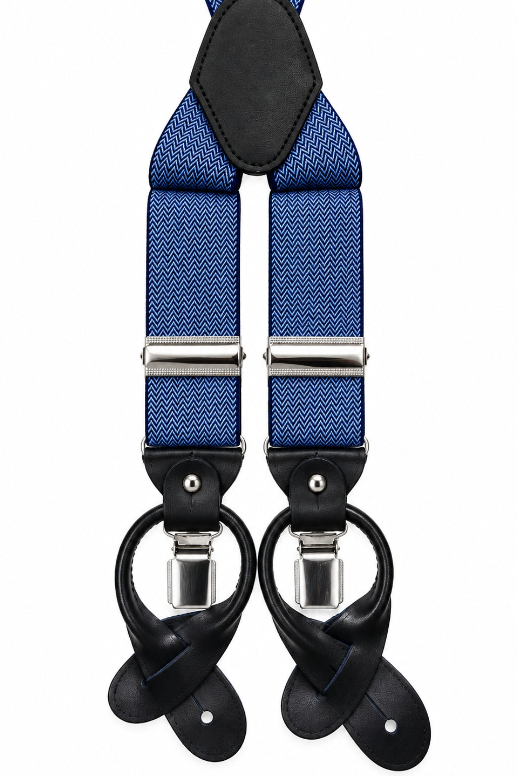 Traditional Stretch Fit Convertible Suspender in Blue Herringbone