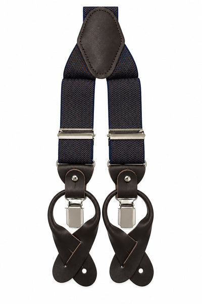 Traditional Stretch Fit Convertible Suspender in Navy & Cognac Herringbone