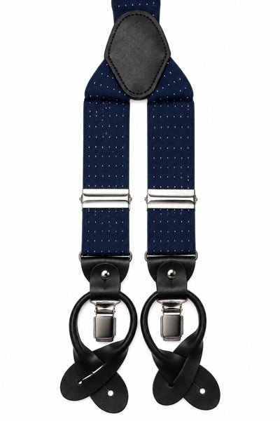 Traditional Stretch Fit Convertible Suspender in Navy Pin Dot Pattern